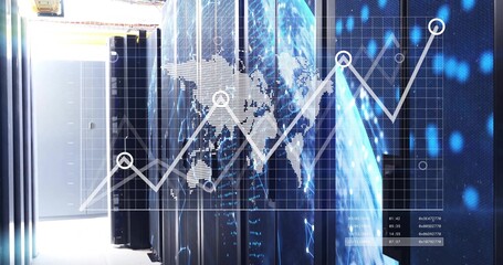 Showing racks with LEDs and overlaying world map line graph, data readouts in data center corridor