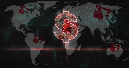 Glowing red dollar sign pulsing over gray map, with circuit traces, pump jacks, red connector line