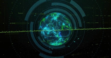 Displaying neon-green low-poly mesh rotating within control interface, with HUD rings and waveform