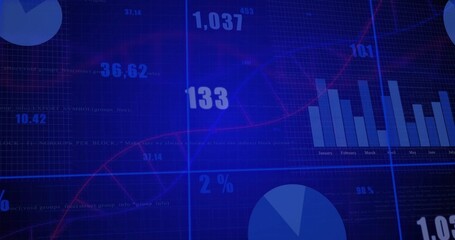 Abstract dashboard showing on screen, with red line graph bar chart pie slices and numeric overlays