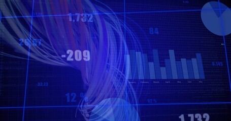 Displaying analytics dashboard on screen with grid lines, bar and pie charts, swirling data streams