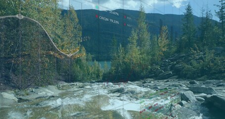 Flowing mountain stream cascading over rocky riverbed in forest, with data charts and gridlines