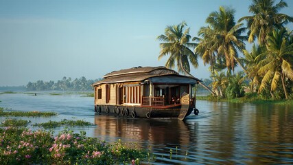 Kerala Houseboat Cruising on Backwaters, India: Tranquil Tropical Scenery with Palm Trees and Reflections, Tourism and Travel