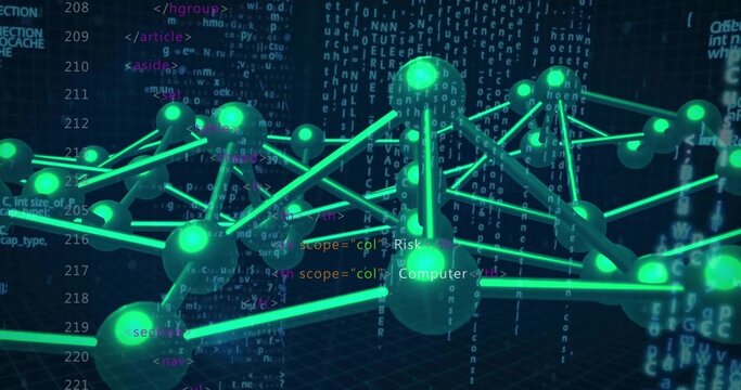 Fototapeta Rendering 3D net of neon green spheres and rods over grid plane code backdrop, cascading characters