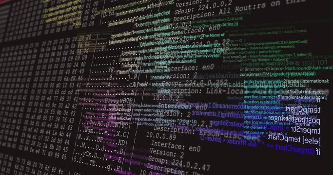 Color-coded code, network config and hex dumps appearing on monitor at desk, with terminal window
