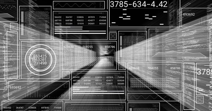 Floating composite digital panels streaming through data tunnel, with numeric readouts and codes