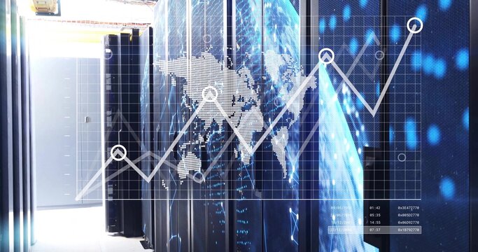 Showing racks with LEDs and overlaying world map line graph, data readouts in data center corridor - Powered by Adobe