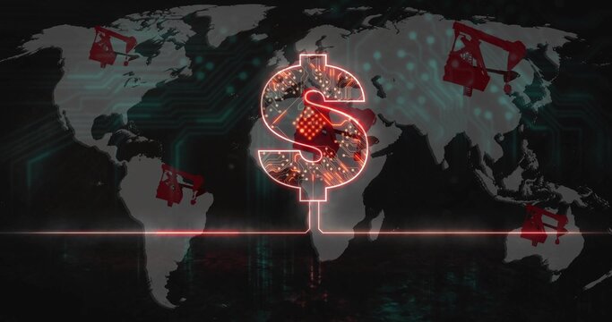 Glowing red dollar sign pulsing over gray map, with circuit traces, pump jacks, red connector line