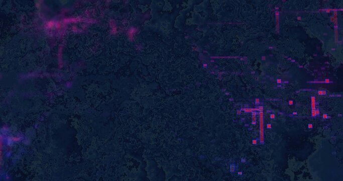 Displaying abstract digital art with circuit-like texture on screen, with magenta glitch artifacts