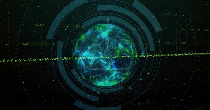 Displaying neon-green low-poly mesh rotating within control interface, with HUD rings and waveform