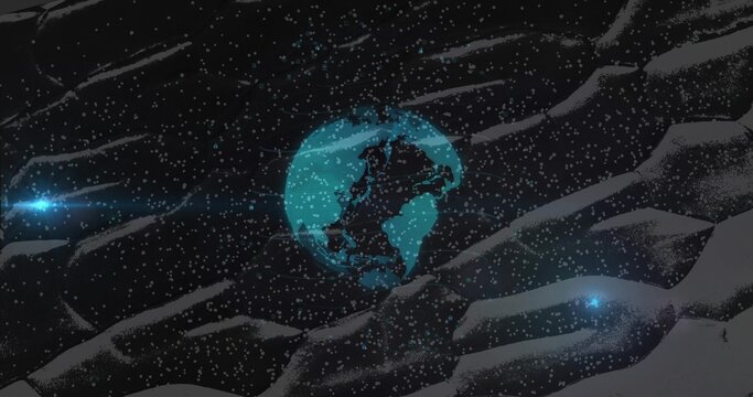 Naklejki Floating glowing turquoise Earth hovering above rocky terrain, with particle dots and light flares