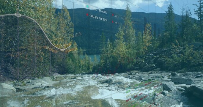 Fototapeta Flowing mountain stream cascading over rocky riverbed in forest, with data charts and gridlines