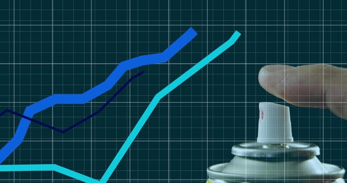 Pressing aerosol spray can nozzle with finger on green grid, colored line graphs, copy space - Powered by Adobe