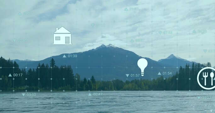 Fototapeta Showing snow-capped mountain peaks in lake by coniferous forest with grid overlay and icons