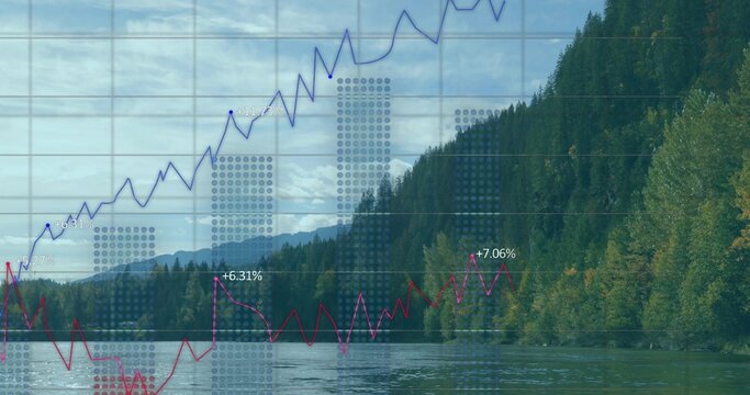 Fototapeta Overlaying financial chart over mountainous forest riverbank showing rising blue and red graphs