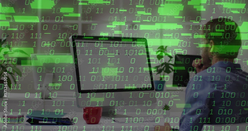 Poster coding blue-shirted man at desk in office with computer monitor, mug and binary overlay, copy space