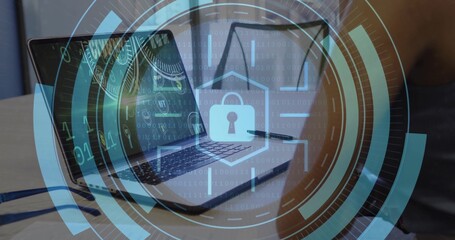 Showing code on laptop screen at home desk with pen over notebook, eyeglasses and lock overlay