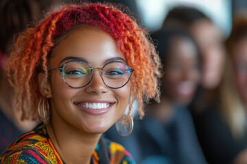 A woman with red hair and glasses smiling.