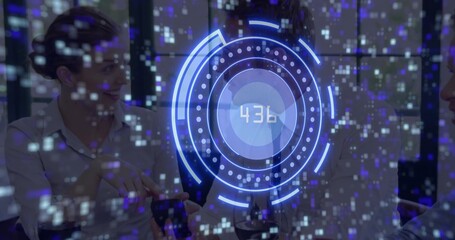 Business professionals discussing data in office at conference table, with holographic overlay