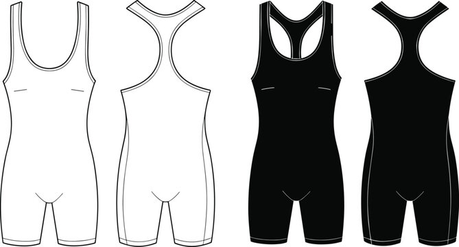 Wrestling singlet fashion mockup, blank one-piece athletic apparel template, customizable vector illustration, front and back view, suitable for sportswear and activewear design.