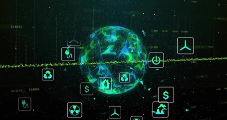 Rotating globe glowing in digital matrix, with floating eco energy icons and streaming data