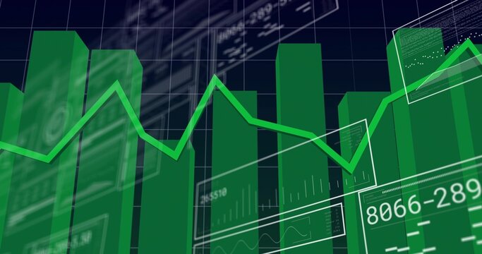 Showing 3D green bars rising on grid plane with line graph, translucent panels and numeric overlays