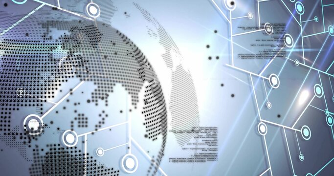 Naklejki Dotted globe rotating in virtual interface, with circuit lines and floating code, copy space