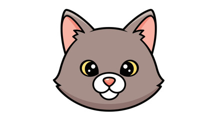 Fototapeta premium Cute cartoon grey cat head illustration with pink ears and nose, big shiny yellow eyes, friendly expression.