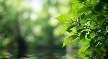 Obraz premium Serene Green Leaves with Water & Soft Lighting: Calming Nature Scene for Peace & Relaxatio