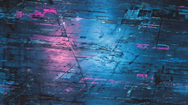 cyberpunk neon circuit board floor, glowing blue and pink lines, metallic panels with scratches, futuristic grunge aesthetic, ultra-detailed