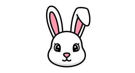 Cute White Cartoon Rabbit Face with Pink Ears and Black Outline