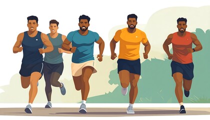 Five diverse men running outdoors
