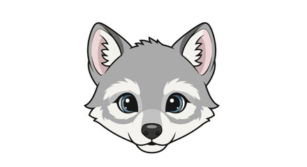 Stylized kawaii wolf head illustration with large blue eyes, grey and white fur, and a gentle expression.