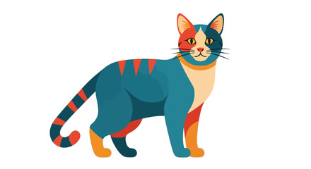 Teal, Orange, and Red Tricolor Cat Illustration, Standing Pose, Bold Stripes