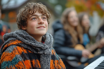 Young boy passionately playing piano in front of a crowd.