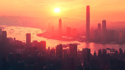 Stunning sunset view with skyscrapers creating urban silhouette high resolution picture