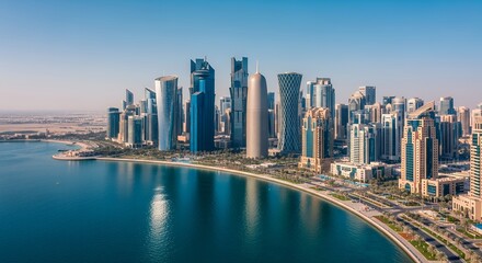 Stunning Doha Skyline Coastal Cityscape View.
