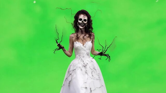 Creepy Ghost Bride with Spider Hands on Green Screen