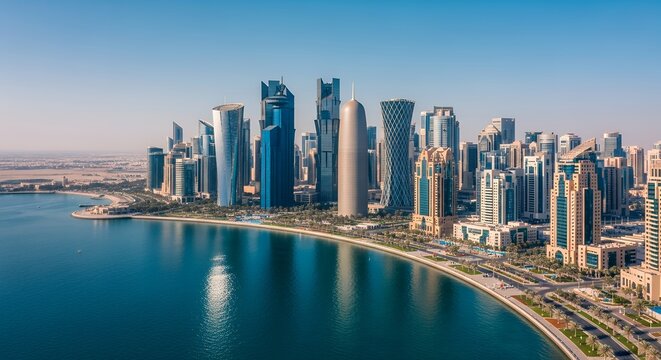 Stunning Doha Skyline Coastal Cityscape View.