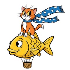 Cheerful cartoon cat wearing a scarf and riding a flying hot air balloon shaped like a giant goldfish