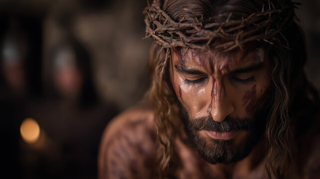 Jesus seated in a dim barracks room, soldiers mocking as they press the crown of thorns deep into His head. Torchlight casts jagged shadows on stone walls, blood mingling with sweat, pain and dignity 