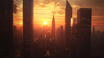 Sunset skyline with silhouettes of tall city skyscrapers high resolution picture