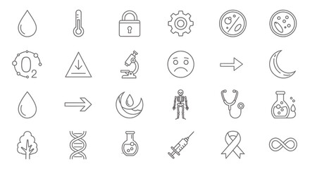 Fototapeta premium Science Icons Set Medical Laboratory Biology Chemistry Symbols and Elements Line Art Vector Illustration