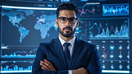 Confident businessman stands arms crossed before global data screens. - Powered by Adobe