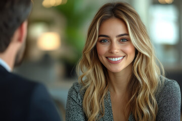 Woman smiling at man in conversation.