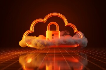 Glowing orange cloud outline with a secure padlock symbol inside surrounded by smoke symbolizing digital security and cloud data protection