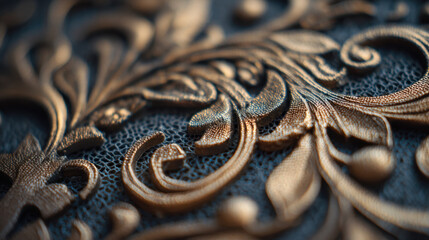 Intricate embossed floral design with a rich texture and metallic accents on a deep dark background, highlighting detailed craftsmanship and artistic elegance.