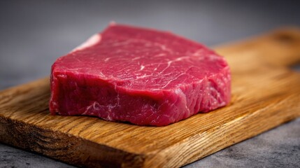 A fresh piece of raw steak with marbling traits placed diagonally across a wooden chopping board that rests upon a gray 