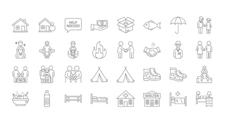 Social Services Icons Set  Housing Food Shelter Help Needed Family Support Line Icons