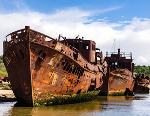 Rusty shipwrecks on a beach